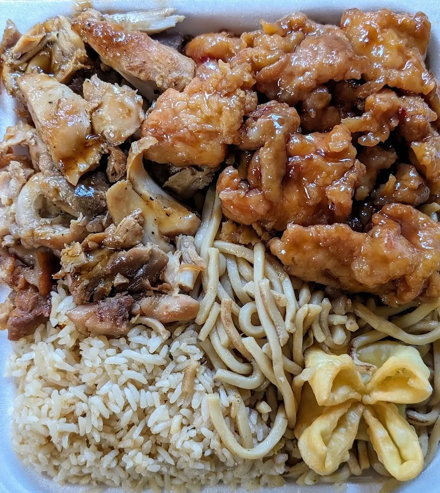 Teriyaki Chicken and Orange Chicken and Rice Chow Mein